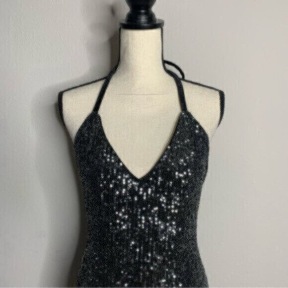 NWT One33 Social Black & Purple Sequin Colorblock Backless Halter Dress - Picture 12 of 13